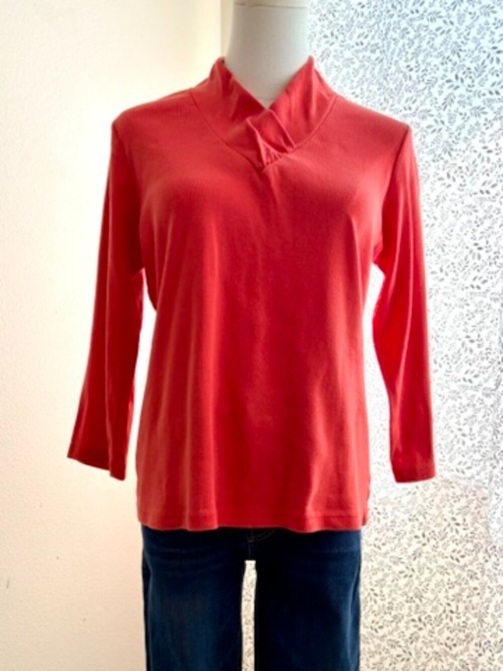 Rafaella Women’s Large Coral Red Twist Cowl Neck 3/4 Sleeve Knit Top